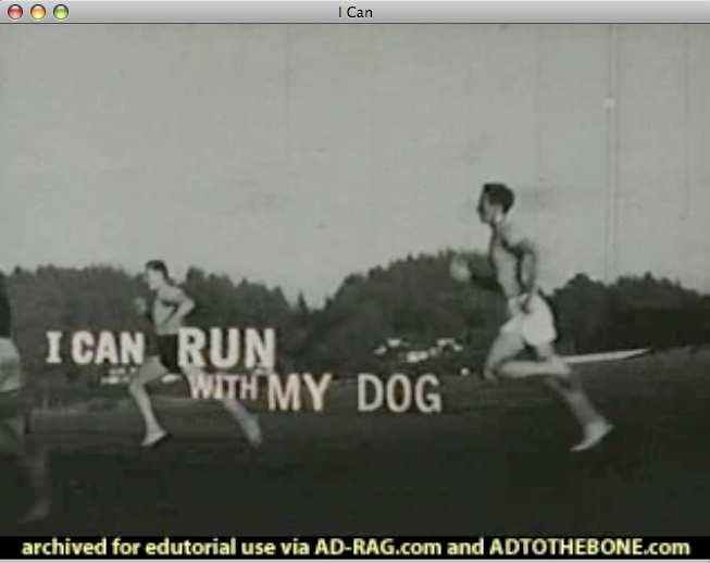 Scene 16 Old black and white colour footage of men running. I CAN RUN WITH MY DOG Representation: old footage. Can statements are written next to the character.