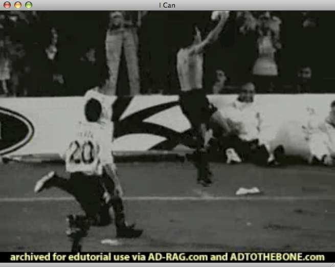 Scene 30 Black-white colour, soccer game (men), also cheering. Nondiegetic music. Representation: old footage.