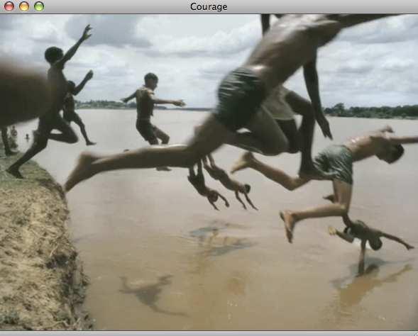 African boys jumping into a muddy river. music(consists of bass, guitar, drums) Lyrics.