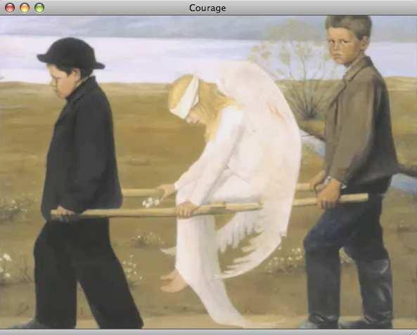 Painting - two boys carry a (maybe wounded) angel. music(consists of bass, guitar, drums) Lyrics.