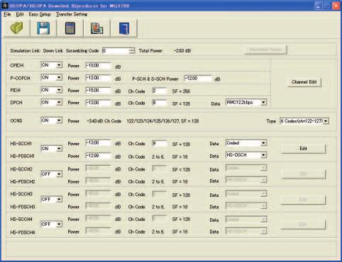 MX370101A HSDPA/HSUPA IQproducer Display Setting range TrCH Number 1 to 8 DTX Fix/Flex Data PN9/PN9fix/PN15fix/16bitRepeat TTI 10, 20, 40, 80 ms Max.
