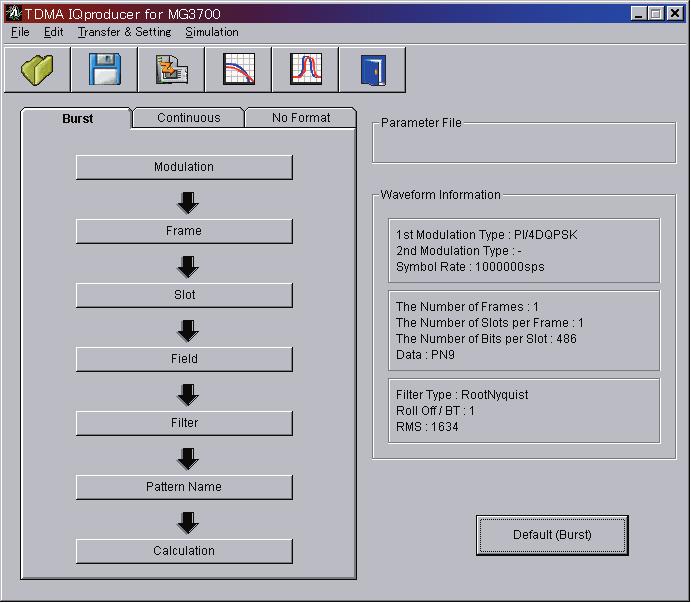 MX370102A TDMA IQproducer TDMA IQproducer This optional GUI-based PC application software is used to set the parameters and generate waveform patterns for TDMA systems.