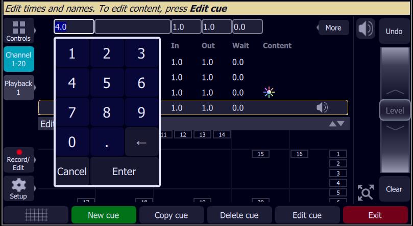 Edit Cue List The Edit Cue List option is available by pressing the Record/Edit button and then selecting Cue List. This opens the cue list editor.