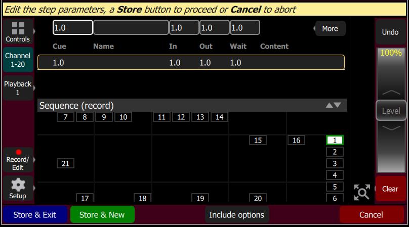Pick the cue you want to edit in the cue list in the upper part of the display. You can also insert a new cue, copy cue, and delete cue. Edit Cue is a mode which takes over the console and screen.