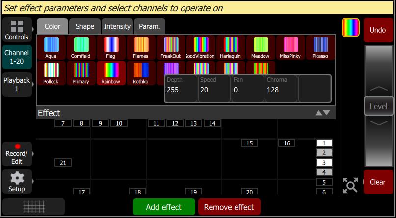 Using Effects Effects are a method within ColorSource to provide dynamic, repetitive patterns to channels. Effects The Effects system is used to apply patterns to selected lights.