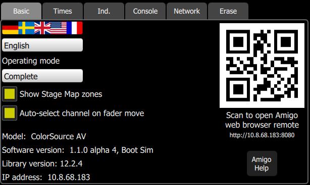 Note: If the QR code is not visible, your console is not currently connected to a network. Choose the operating mode: Simple Mode: Simple mode offers a very basic set of lighting controls.