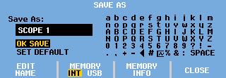 2 F1 Open the SAVE menu. Observe the number of available and used memory locations. In METER mode the SAVE AS menu will be shown now as only a setup+screen can be saved, see step 4.