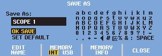 In METER mode the SAVE AS menu will be shown now as only a setup+screen can be saved, see step 4. 5 Below Save As: the default name + serial number and OK SAVE are already selected.