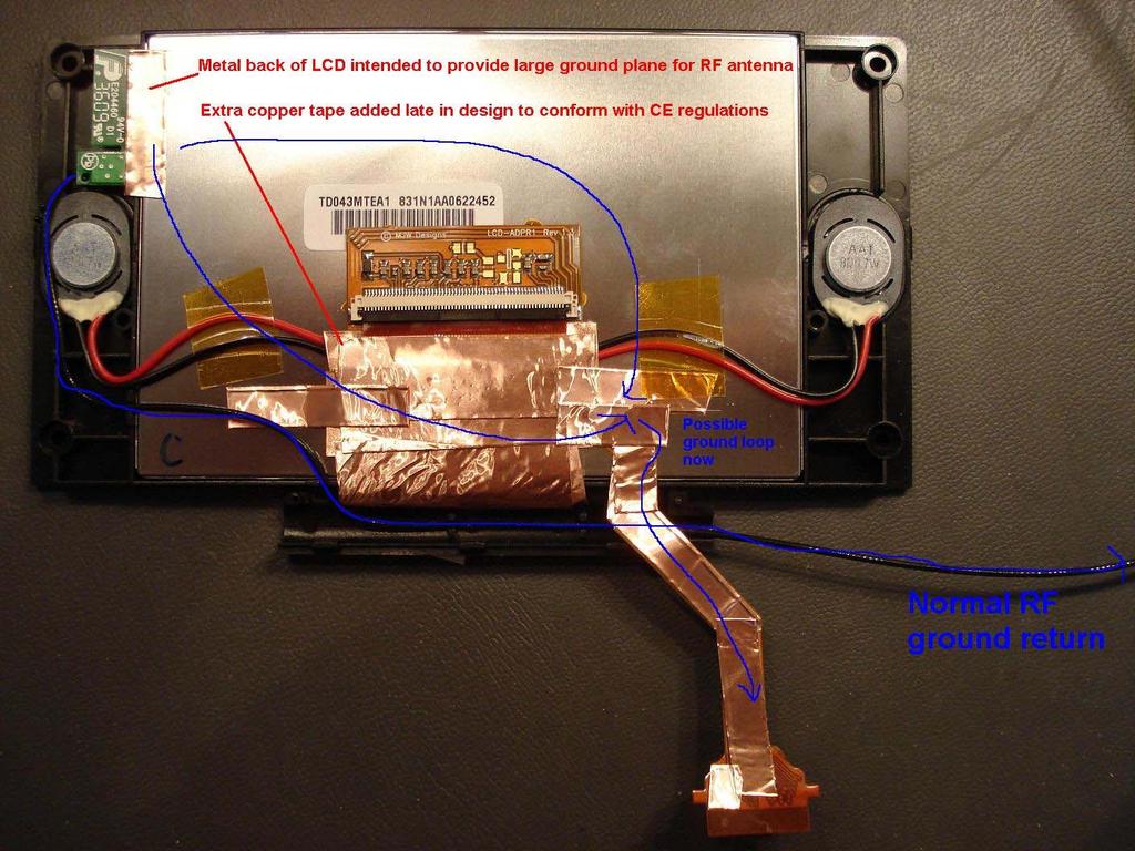 Possible source of noise causing RF failure: - A ground loop may exist due to new copper tape providing a secondary path back to the mainboard, but also returning the digital LCD signals as