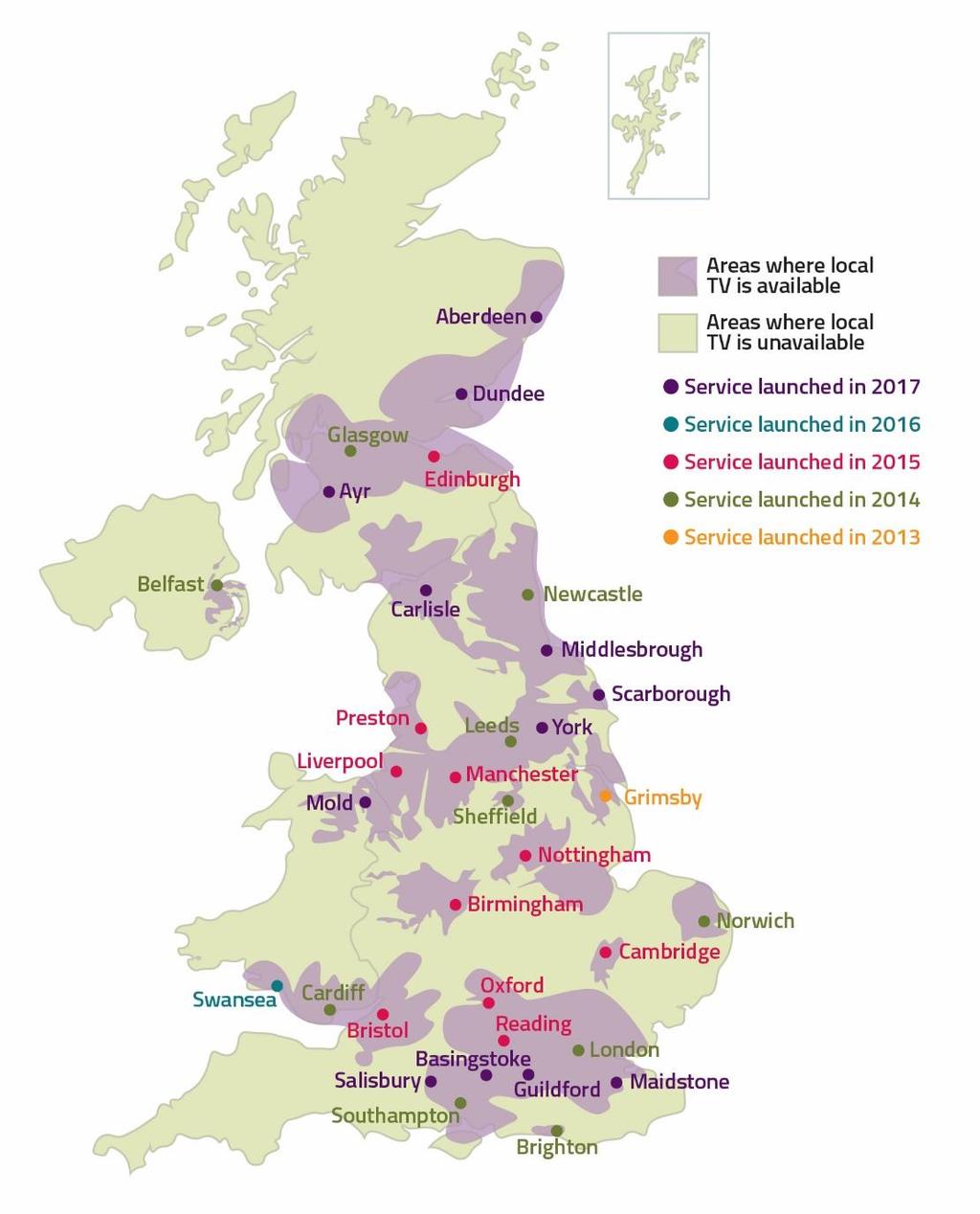 Figure 43: Map of local TV stations across the UK and their coverage Source: Ofcom/broadcasters In 2017, an average of 1.