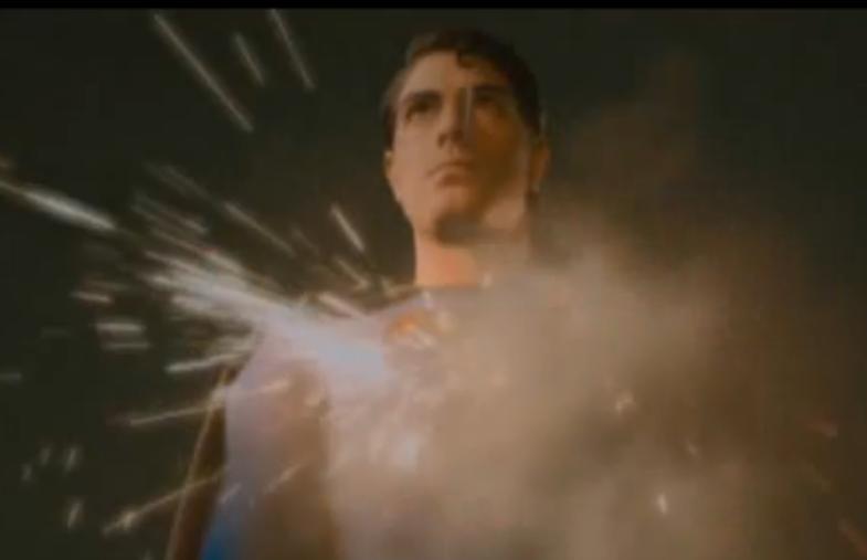 Low-angle shot of Superman walking towards the antagonist.
