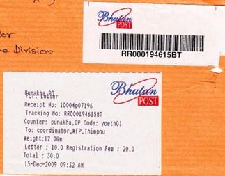 Bhutan Post postage labels by Leo van der Velden Bhutan Post uses postage labels for domestic and international mail for registered letters, old-style express mail and modern Express Mail Service