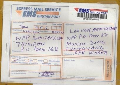 Label as proof of sending a package International EMS sticker with separate EMS barcode label The postage label for international EMS letters is completely different from the regular postage labels.