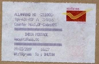 Indian postal labels as model for Bhutan postal labels Bhutan Post started to use postage labels at least since 2001.