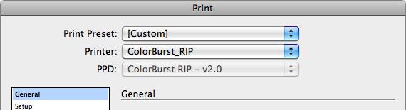 ColorBurst RIP Queue Series Mac OS X Printing from Applications: Adobe InDesign 3 Prior to printing Make sure you are running the current version of ColorBurst.