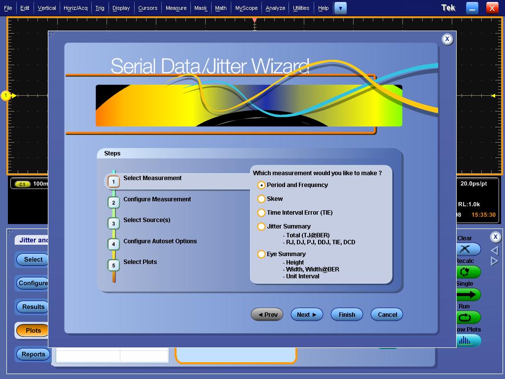 DPOJET - Wizards DPOJET provides two measurement Wizards One Touch Jitter Provides the easiest to use jitter analysis available Select One Touch Wizard and DPOJET configures the available source with