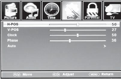 Clock Allow you to prolong the image. Phase Allow you to adjust the de Auto Select Auto and press the bu on, the unit will automa adjust all items to achieve a best e ect.