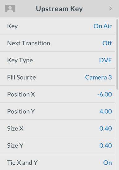 DVE parameters Size X Size Y Reset DVE Adjusts the horizontal size of the DVE. Adjusts the vertical size of the DVE. Resets the DVE to screen.