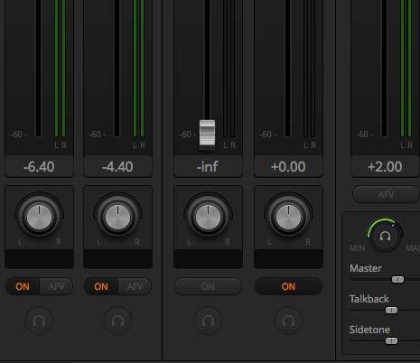 You can adjust the mix of the master, talkback and sidetone monitoring levels by adjusting their settings in the audio mixer The audio meter for Cam5 is shown in gray to indicate that its audio will