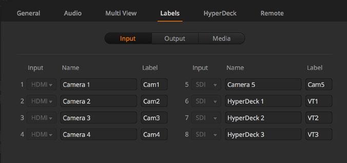 Labels Settings The video input settings are used to select the inputs and change labels.