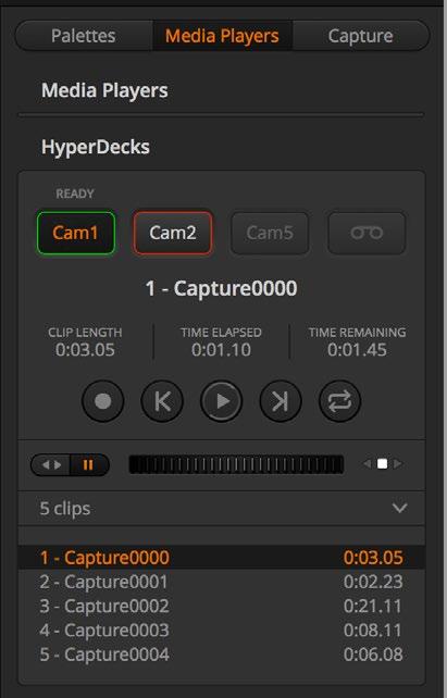 Choose from up to four HyperDecks by clicking their selection buttons in the HyperDecks palette In addition to the text color, each HyperDeck s selection button also has a tally indicator.