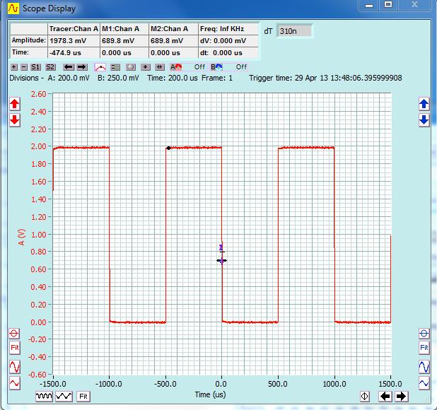 v2.11 Cleverscope CS300 Reference Manual Adjust the trigger level by dragging the line to the required point. A small Rising or Falling edge symbol will appear on the graph.