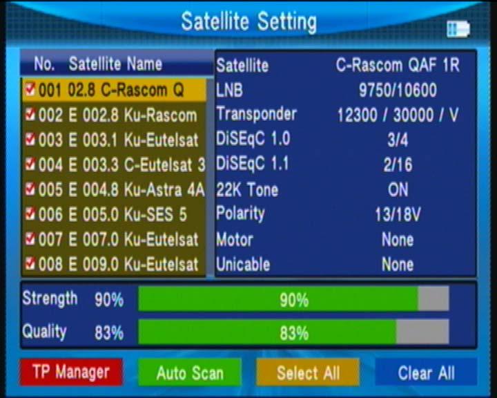 3.4.1 Satellite Setting In the all Satellites Setting: Press blue key to clear all selecte of satellite. Press orange key to selecte all satellites.