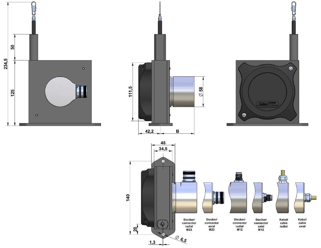 TECHNICAL DRAWING DIGITAL OUTPUT INCREMENTAL Digital Output Incremental Option B cable/ connector axial, cable radial 54.3 connector radial 64.