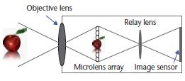 To record a 3D holoscopic image or video, a regularly spaced array of small lens lets, closely packed together, in contact with a recording device is used as depicted in Fig. 3.13 (a).