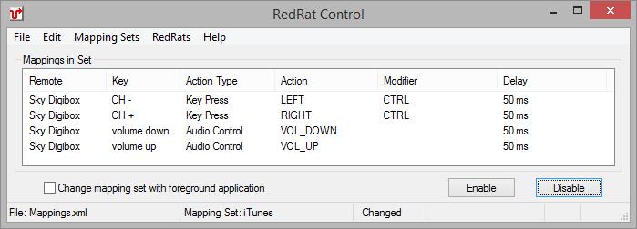 The screen shot above shows the RedRat Control interface once a simple mapping set has been created for basic control of itunes.