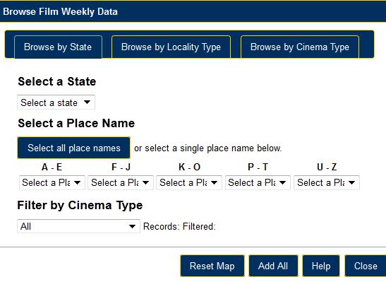 Browsing to view multiple or individual venues on the map can be easily achieved via use of the Browse button to view venues according to State, Locality Type or Cinema