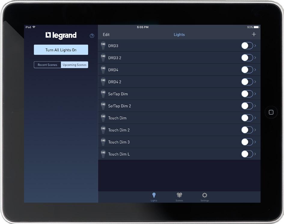 LC7001 Operation The LC7001 Whole House Lighting Controller operates through the Legrand Lighting Control app for ios and Android smartphone and tablet mobile devices.