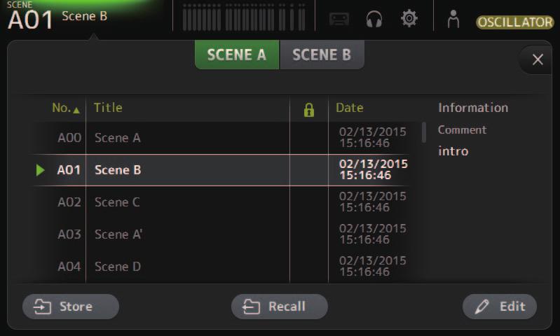 Toolbar SCENE screen Allows you to manage previously saved mixer setups, or "Scenes".
