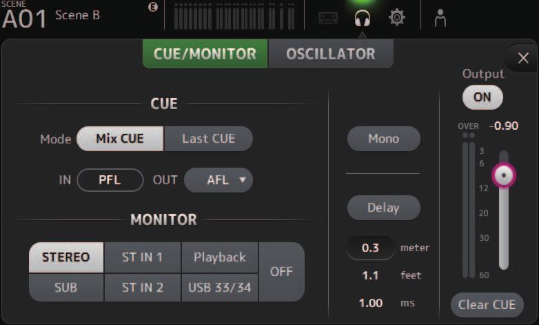 Toolbar MONITOR screen Allows you to manage cue and monitor signals and to control oscillators.