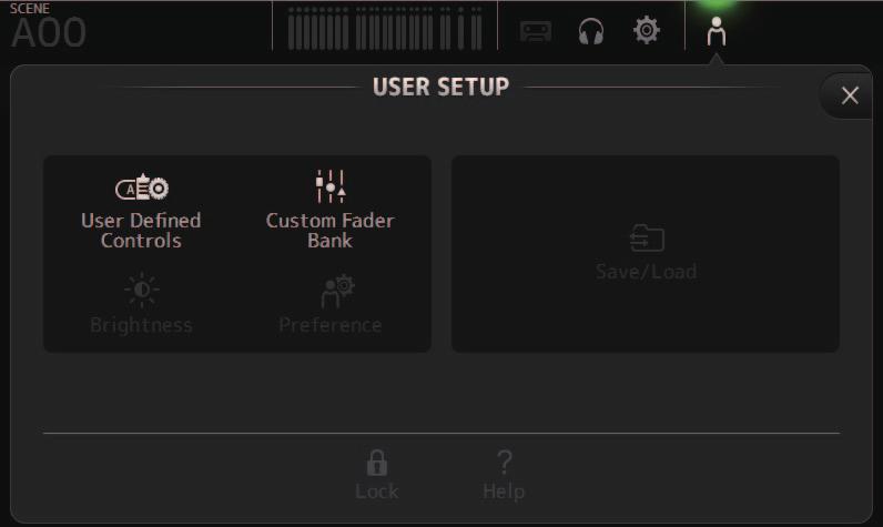Toolbar USER SETUP screen Used to assign under-defined keys and knobs, configure custom fader banks, and set up other preferences.