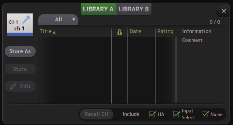 Main display area LIBRARY screen Displayed when you click the LIBRARY button in the HOME/LIBRARY area. Allows you to recall saved Presets.