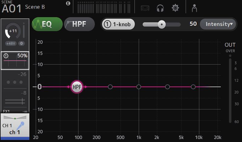 EQ screen Controls the EQ for each channel. 4-band parametric EQ is available for CH 1 32, AUX 1-19/20, and STEREO. 2-band parametric EQ is available for CH 33-40, ST IN 1, ST IN 2, FX1, FX2, and SUB.