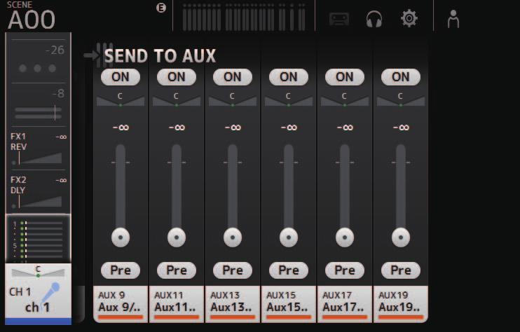 SEND TO AUX screen Allows you to configure the amount of signal from each channel is sent to the AUX buses. You can drag left and right to view other buses.
