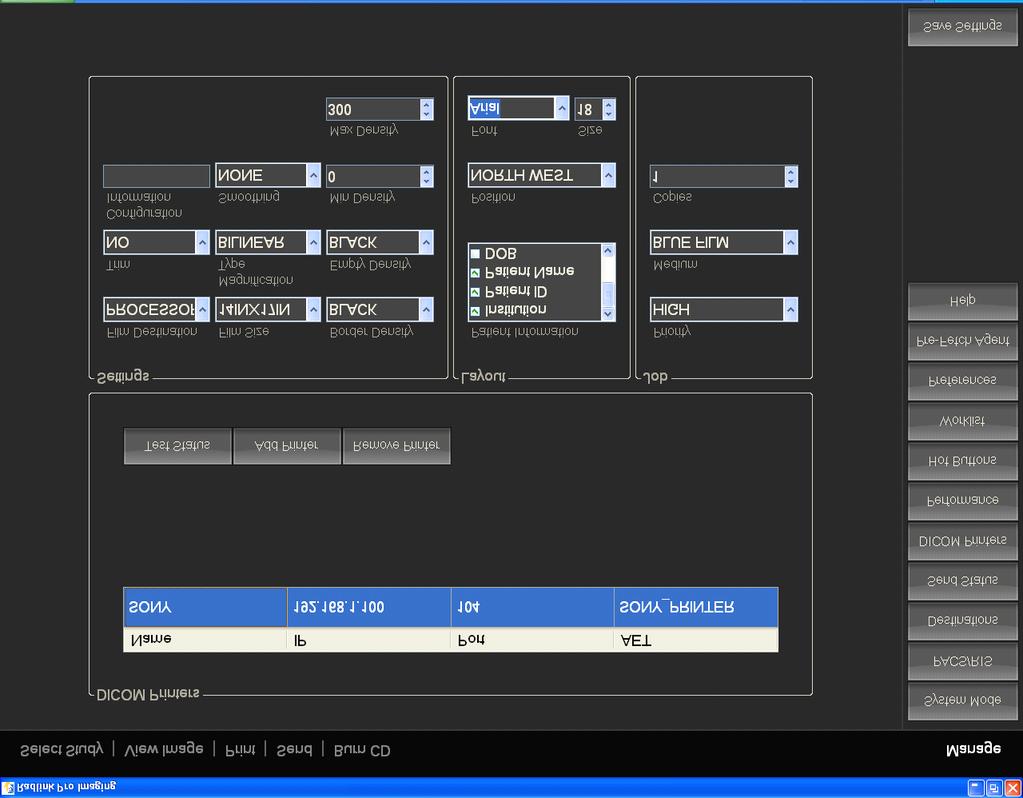 Setting up DICOM Printing (con t) 2. To add a DICOM printer: a. Select the Add Printer button. b. Select the blue row under Name and enter the manufacturers name (e.g., Sony) c.