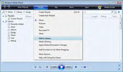 Postavljanje fascikli za deljenje U programu Windows Media Player iz menija izaberite stavku Library (Biblioteka), a zatim izaberite Add to Library (Dodaj u biblioteku).
