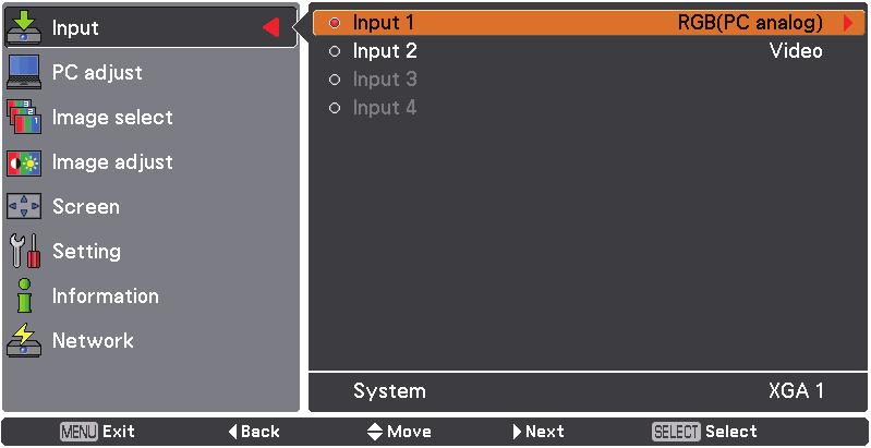 Input Selection Menu Operation Computer Input Source Selection 1 2 3 Press the MENU button to display the On-Screen Menu.
