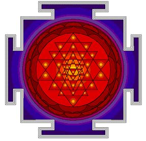 Sri Yantras are formed by 9 interlocking isosceles triangles, 4 of them point upwards representing the female energy Shakti, while the other 5 point downwards representing
