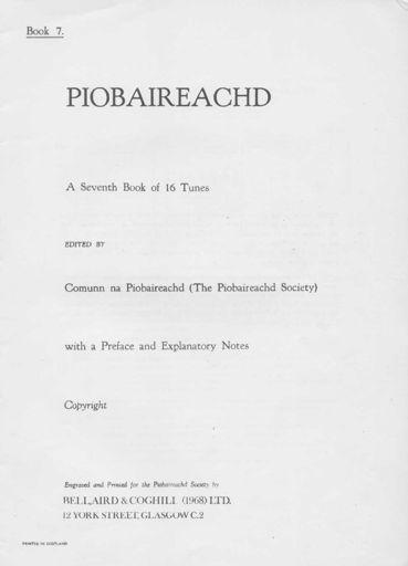 8 1970 p [i], title; p [ii], preface; pp [iii] iv, notes on canntaireachd; p[v], index; pp 193-218, tunes (16). Published in 1970.