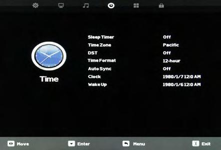 On-Screen Display Menu (continued) Time Menu This menu manages Time functions including: Sleep