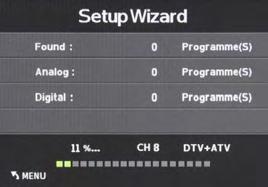The Setup Wizard will take you quickly through several basic settings on the TV, incliuding Menu Language, Time Zone, DST on/off, Time Format, Air/Cable and Auto Scan.