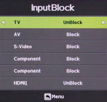After activating System Lock Mode, press the qp buttons to highlight the different inputs in the submenu, then use t u to block or unblock those inputs.