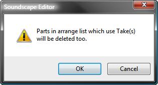 If there are Parts in the Arrange window that reference Take(s) inside this folder, a dialog box will be displayed. Click on Yes only if you want to continue with deleting the Take(s).