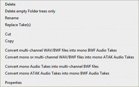 Right clicking on a Take File Right clicking on an audio Take (ATAK, WAV or BWF) file opens the following menu. Rename, Cut and Copy behave in the same way as you would expect in Windows Explorer.
