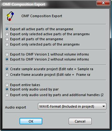 Click on OMF Composition Export to open the OMF Export options: Top Section Use the options to specify which Parts of the Arrangement should be exported, depending on their active/inactive and/or