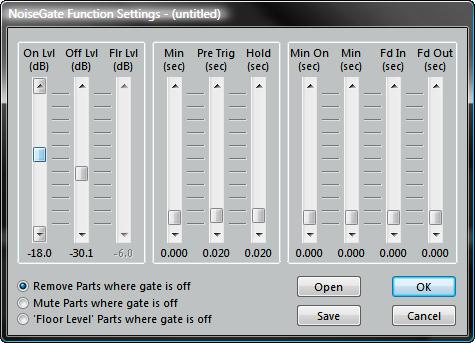Noise Gate tool [Ctrl]+[K] This tool works only on audio Parts. The post-processing Noise Gate function is accessed when you click a Part or a group of Parts with the Noise Gate tool.